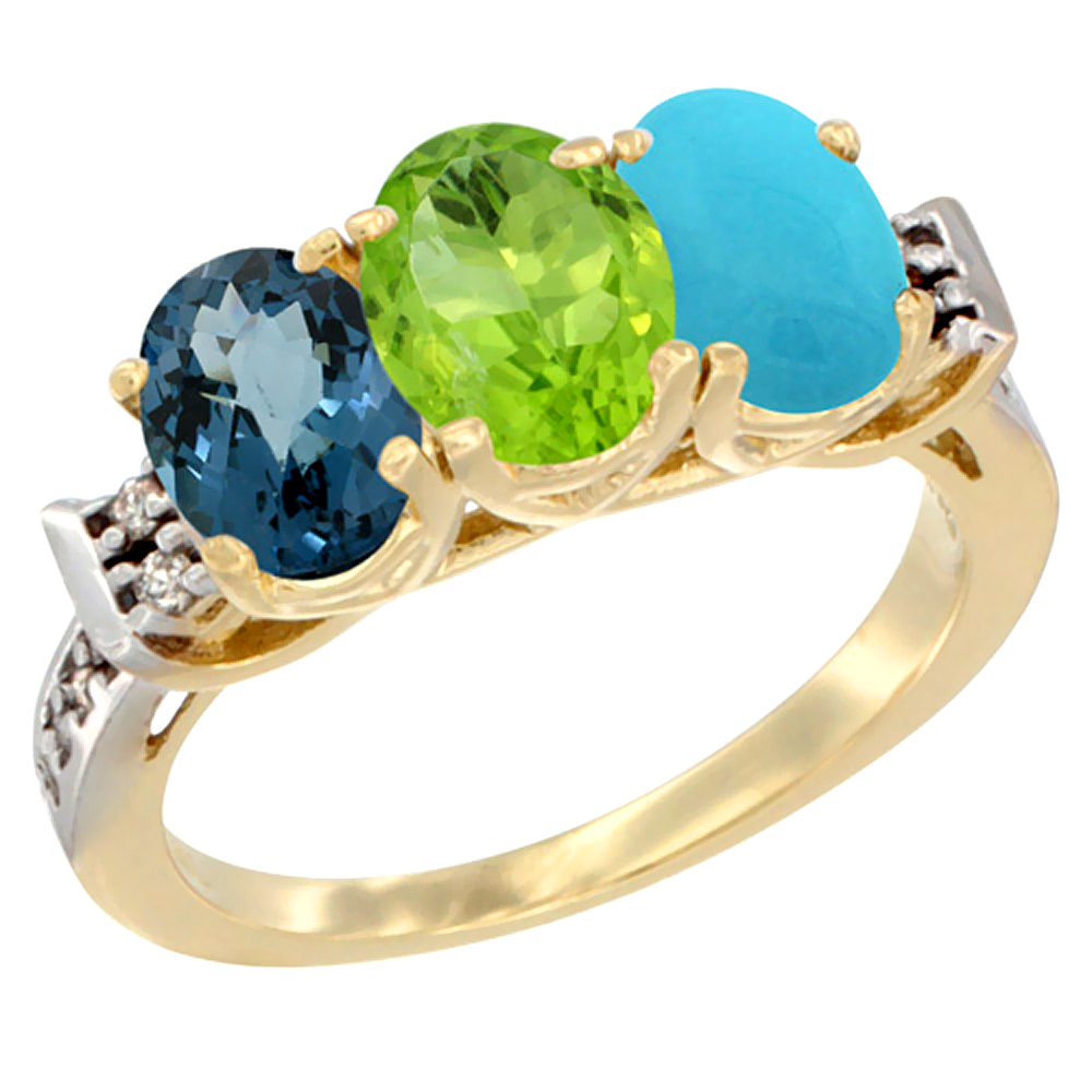 14K Yellow Gold Natural London Blue Topaz, Peridot &amp; Turquoise Ring 3-Stone 7x5 mm Oval Diamond Accent, sizes 5 - 10