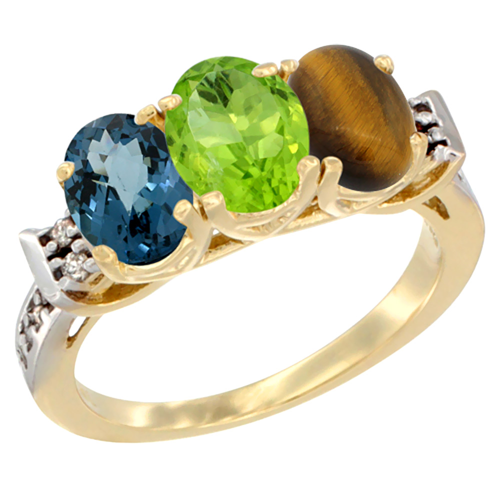 10K Yellow Gold Natural London Blue Topaz, Peridot & Tiger Eye Ring 3-Stone Oval 7x5 mm Diamond Accent, sizes 5 - 10