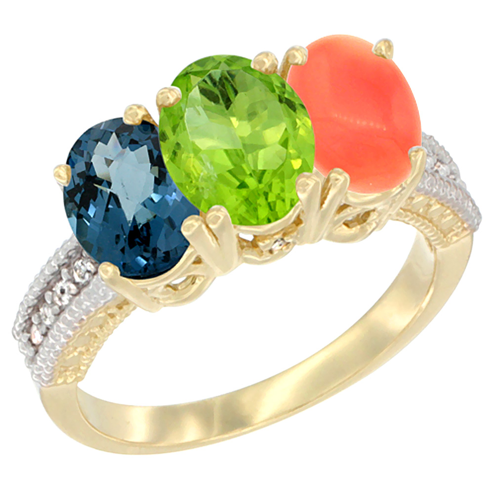 14K Yellow Gold Natural London Blue Topaz, Peridot &amp; Coral Ring 3-Stone 7x5 mm Oval Diamond Accent, sizes 5 - 10
