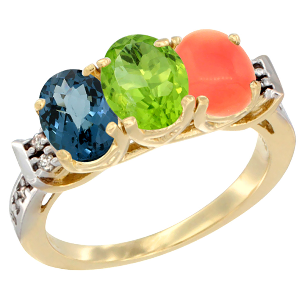 14K Yellow Gold Natural London Blue Topaz, Peridot & Coral Ring 3-Stone 7x5 mm Oval Diamond Accent, sizes 5 - 10