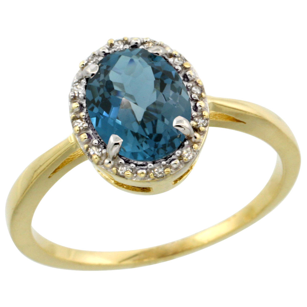 14K Yellow Gold Natural London Blue Topaz Ring Oval 8x6 mm Diamond Halo, sizes 5-10