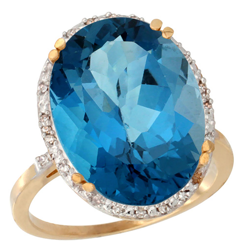 14K Yellow Gold Natural London Blue Topaz Ring Large Oval 18x13mm Diamond Halo, sizes 5-10