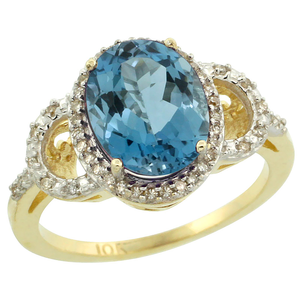 14K Yellow Gold Diamond Natural London Blue Topaz Engagement Ring Oval 10x8mm, sizes 5-10