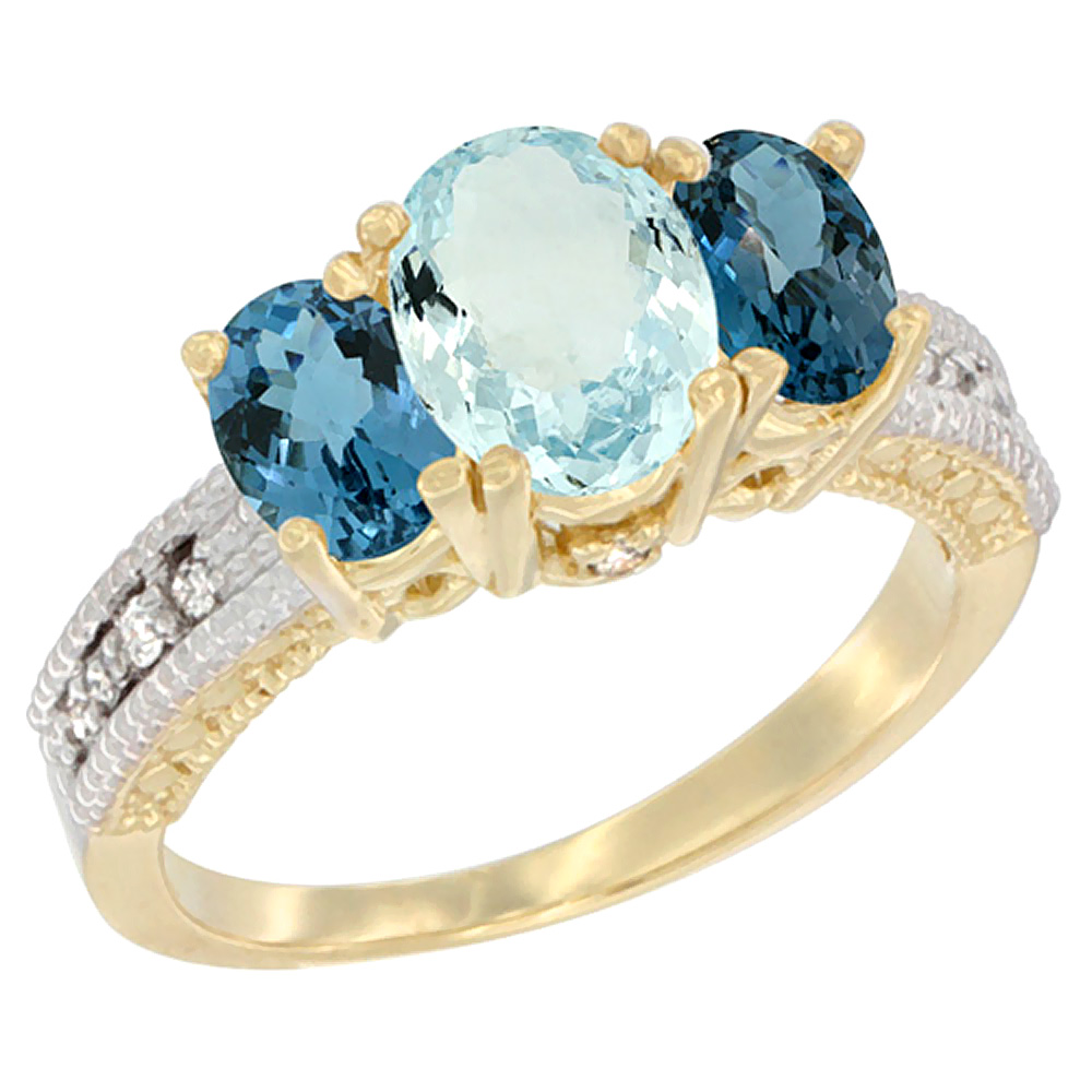 10K Yellow Gold Diamond Natural Aquamarine Ring Oval 3-stone with London Blue Topaz, sizes 5 - 10