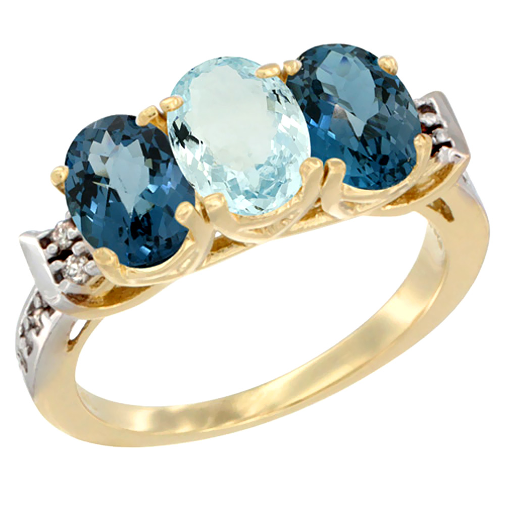14K Yellow Gold Natural Aquamarine &amp; London Blue Topaz Sides Ring 3-Stone 7x5 mm Oval Diamond Accent, sizes 5 - 10