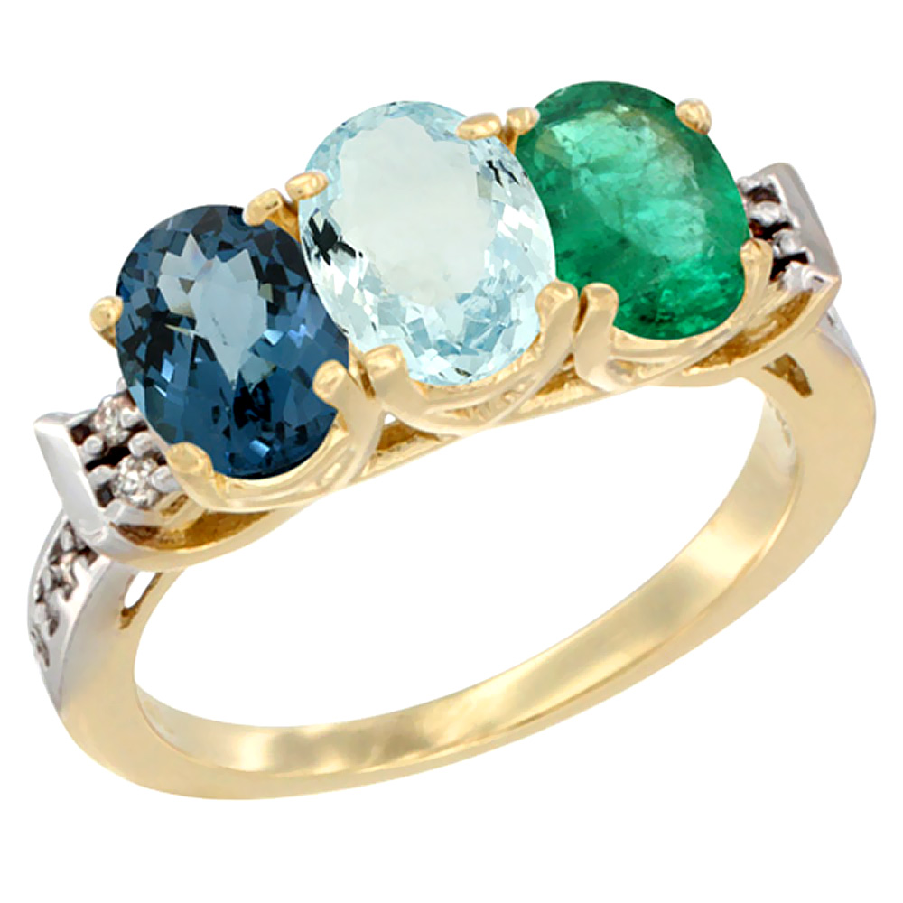 10K Yellow Gold Natural London Blue Topaz, Aquamarine &amp; Emerald Ring 3-Stone Oval 7x5 mm Diamond Accent, sizes 5 - 10