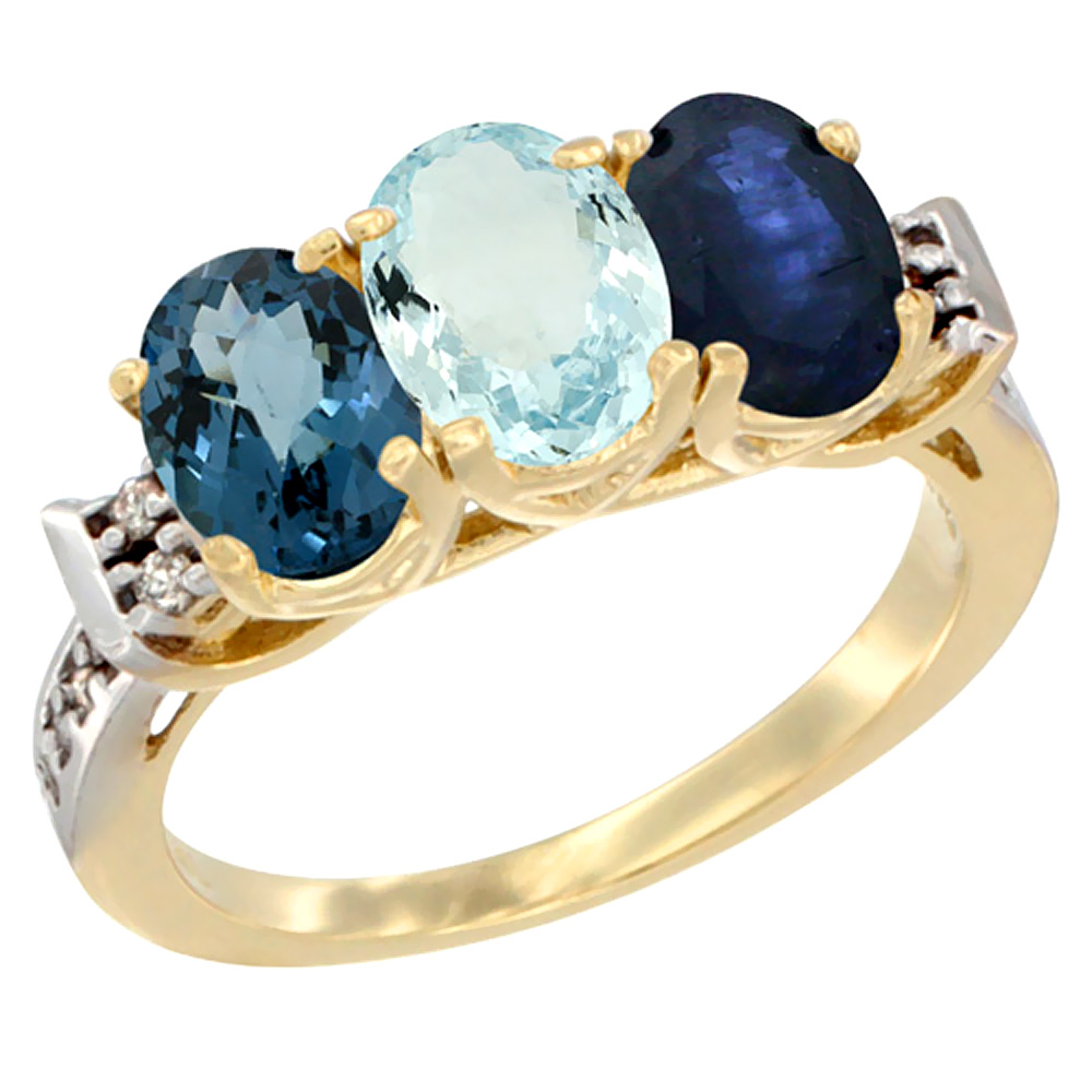14K Yellow Gold Natural London Blue Topaz, Aquamarine & Blue Sapphire Ring 3-Stone 7x5 mm Oval Diamond Accent, sizes 5 - 10