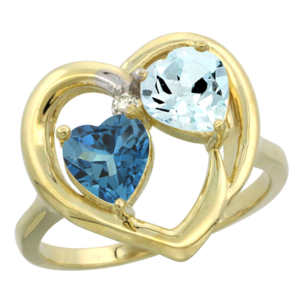 10K Yellow Gold Diamond Two-stone Heart Ring 6mm Natural London Blue Topaz &amp; Aquamarine, sizes 5-10