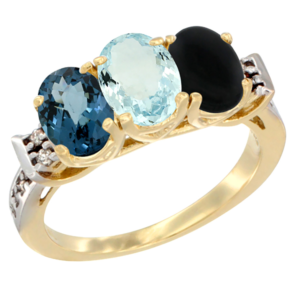 14K Yellow Gold Natural London Blue Topaz, Aquamarine & Black Onyx Ring 3-Stone 7x5 mm Oval Diamond Accent, sizes 5 - 10