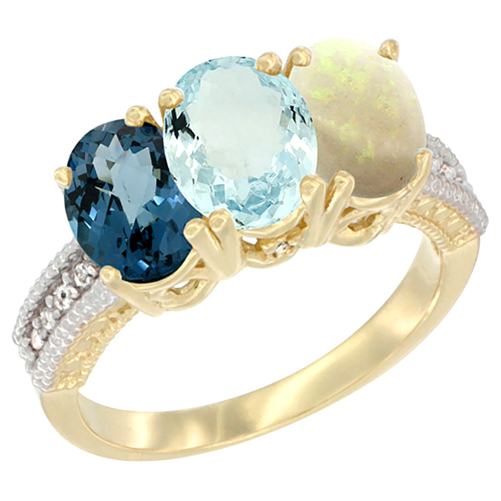 14K Yellow Gold Natural London Blue Topaz, Aquamarine &amp; Opal Ring 3-Stone 7x5 mm Oval Diamond Accent, sizes 5 - 10