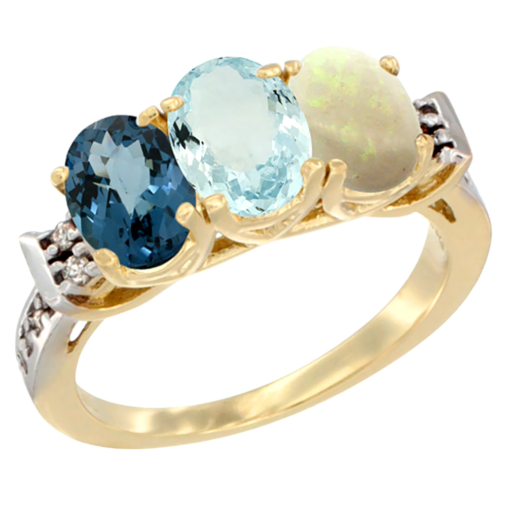 14K Yellow Gold Natural London Blue Topaz, Aquamarine & Opal Ring 3-Stone 7x5 mm Oval Diamond Accent, sizes 5 - 10