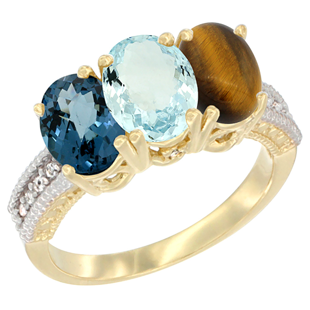 10K Yellow Gold Diamond Natural London Blue Topaz, Aquamarine &amp; Tiger Eye Ring 3-Stone Oval 7x5 mm, sizes 5 - 10
