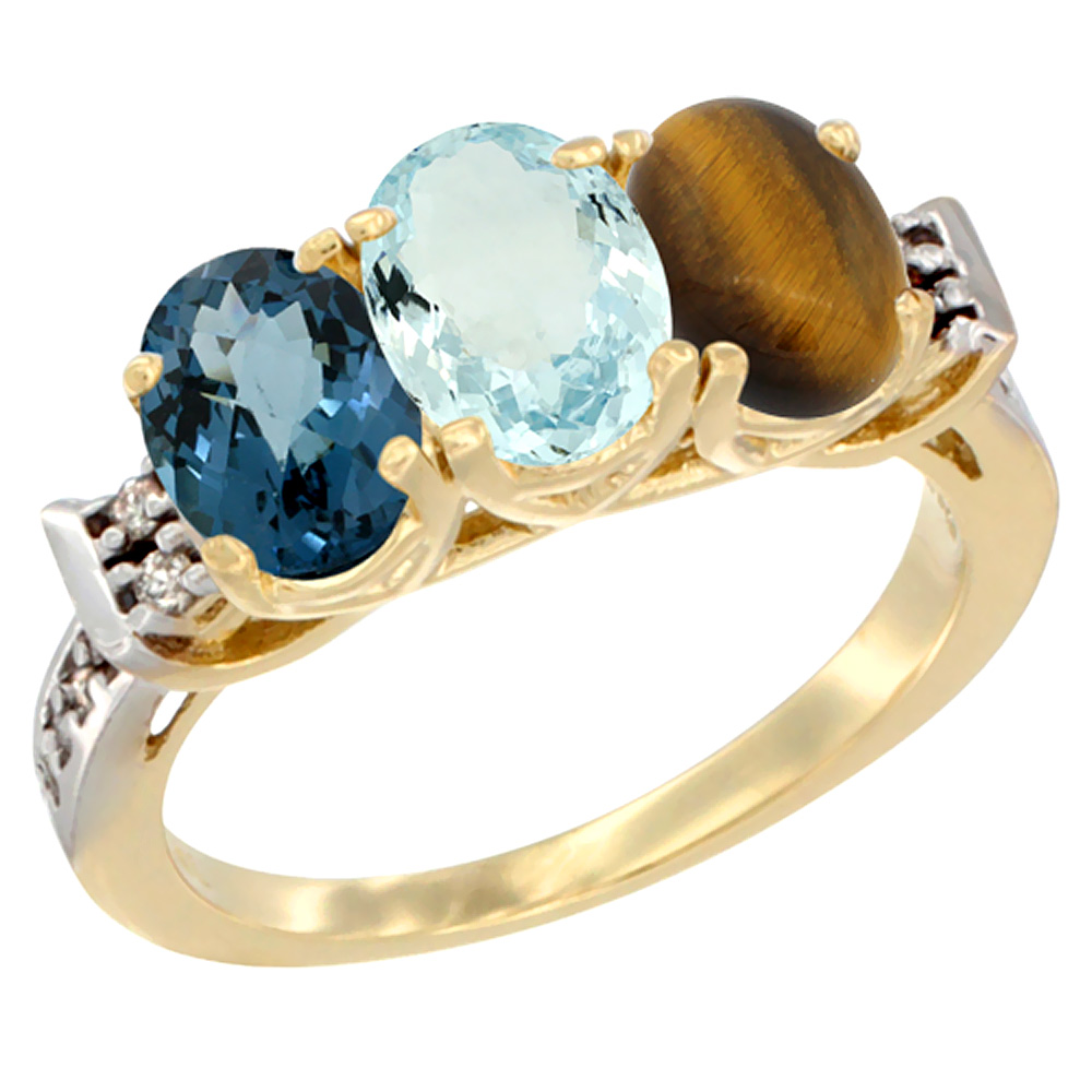 10K Yellow Gold Natural London Blue Topaz, Aquamarine & Tiger Eye Ring 3-Stone Oval 7x5 mm Diamond Accent, sizes 5 - 10