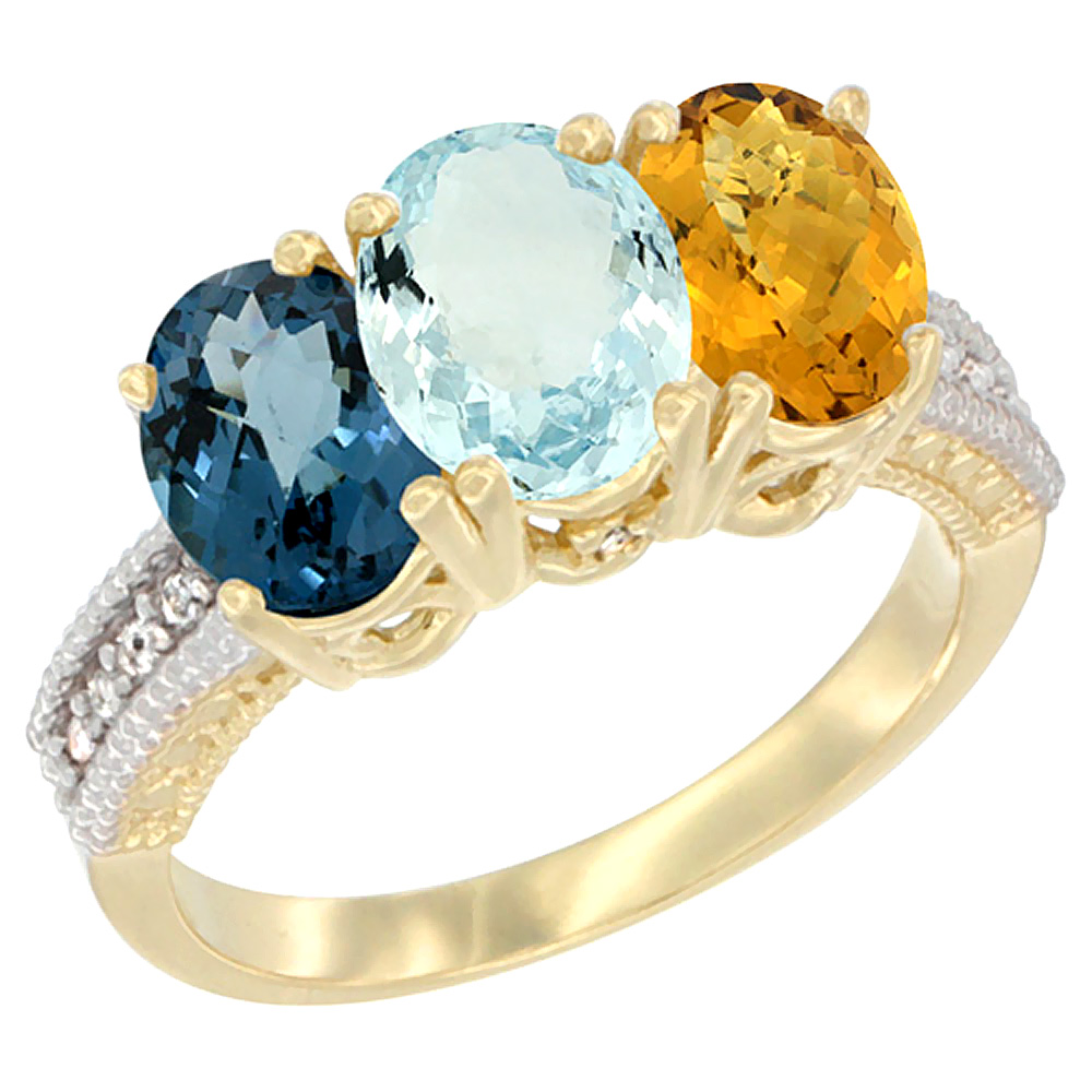10K Yellow Gold Diamond Natural London Blue Topaz, Aquamarine &amp; Whisky Quartz Ring 3-Stone Oval 7x5 mm, sizes 5 - 10