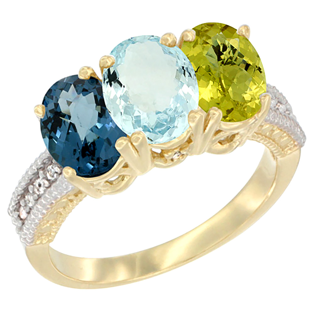 10K Yellow Gold Diamond Natural London Blue Topaz, Aquamarine & Lemon Quartz Ring 3-Stone Oval 7x5 mm, sizes 5 - 10