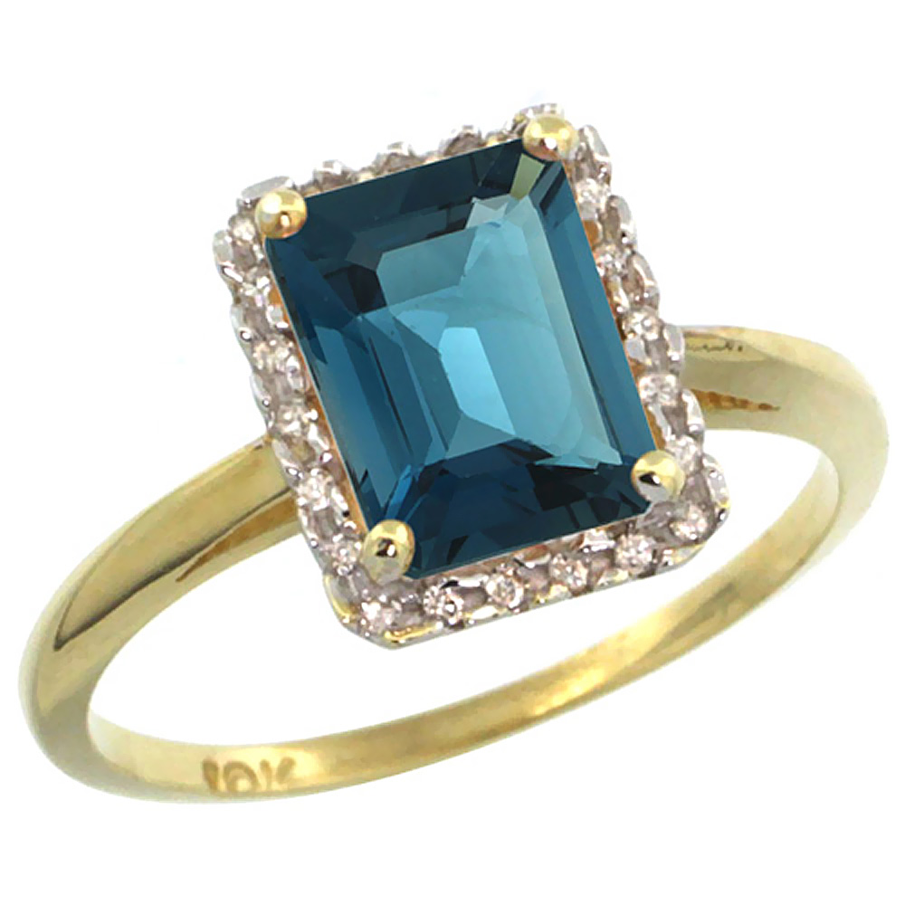 14K Yellow Gold Diamond Natural London Blue Topaz Ring Emerald-cut 8x6mm, sizes 5-10