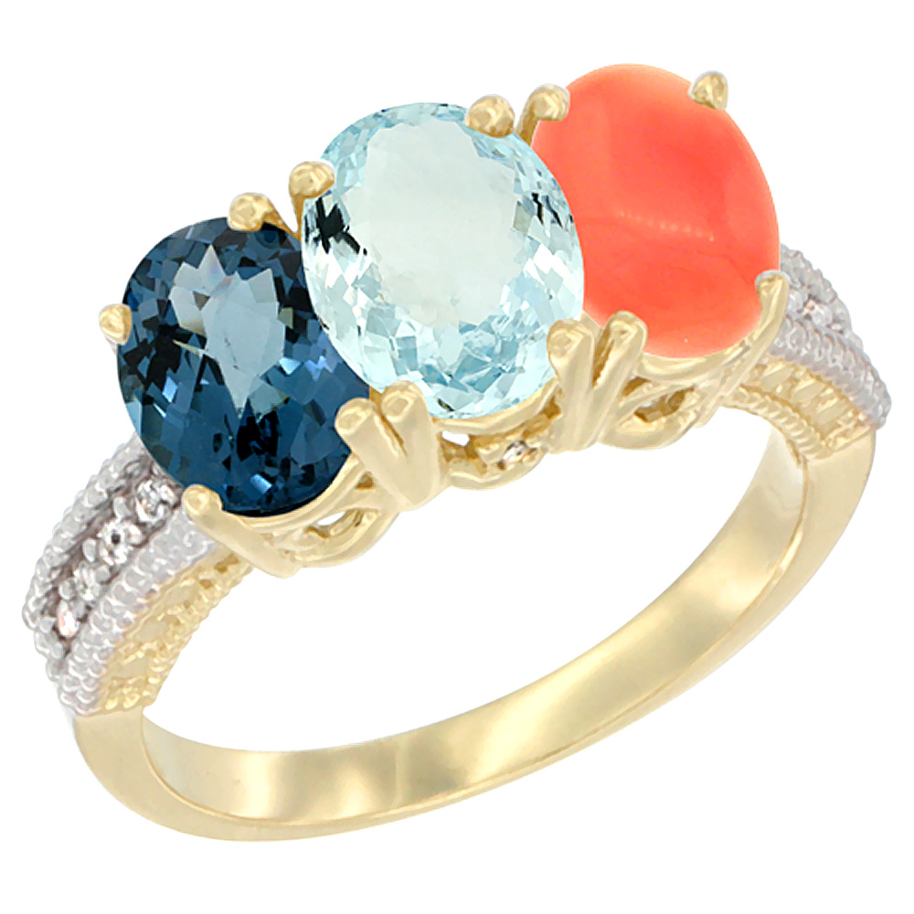 14K Yellow Gold Natural London Blue Topaz, Aquamarine & Coral Ring 3-Stone 7x5 mm Oval Diamond Accent, sizes 5 - 10