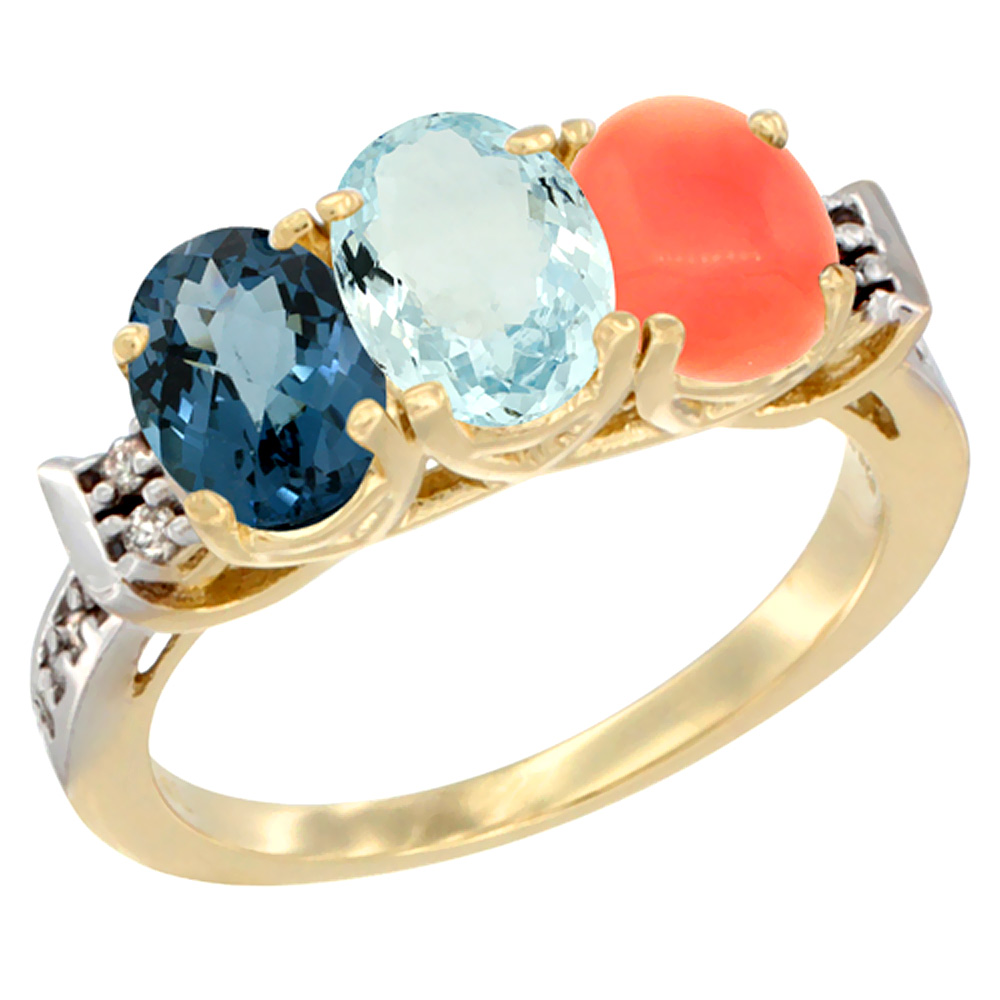 10K Yellow Gold Natural London Blue Topaz, Aquamarine &amp; Coral Ring 3-Stone Oval 7x5 mm Diamond Accent, sizes 5 - 10