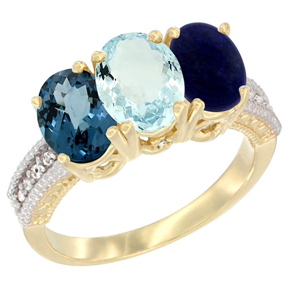 10K Yellow Gold Diamond Natural London Blue Topaz, Aquamarine & Lapis Ring 3-Stone Oval 7x5 mm, sizes 5 - 10