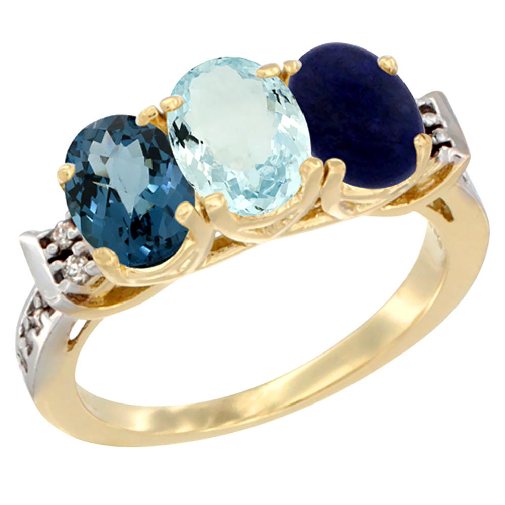 10K Yellow Gold Natural London Blue Topaz, Aquamarine & Lapis Ring 3-Stone Oval 7x5 mm Diamond Accent, sizes 5 - 10