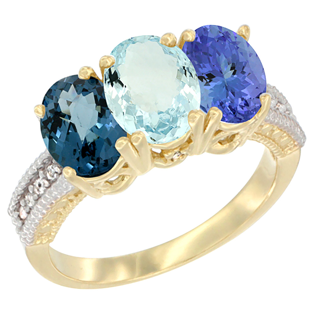 10K Yellow Gold Diamond Natural London Blue Topaz, Aquamarine &amp; Tanzanite Ring 3-Stone Oval 7x5 mm, sizes 5 - 10