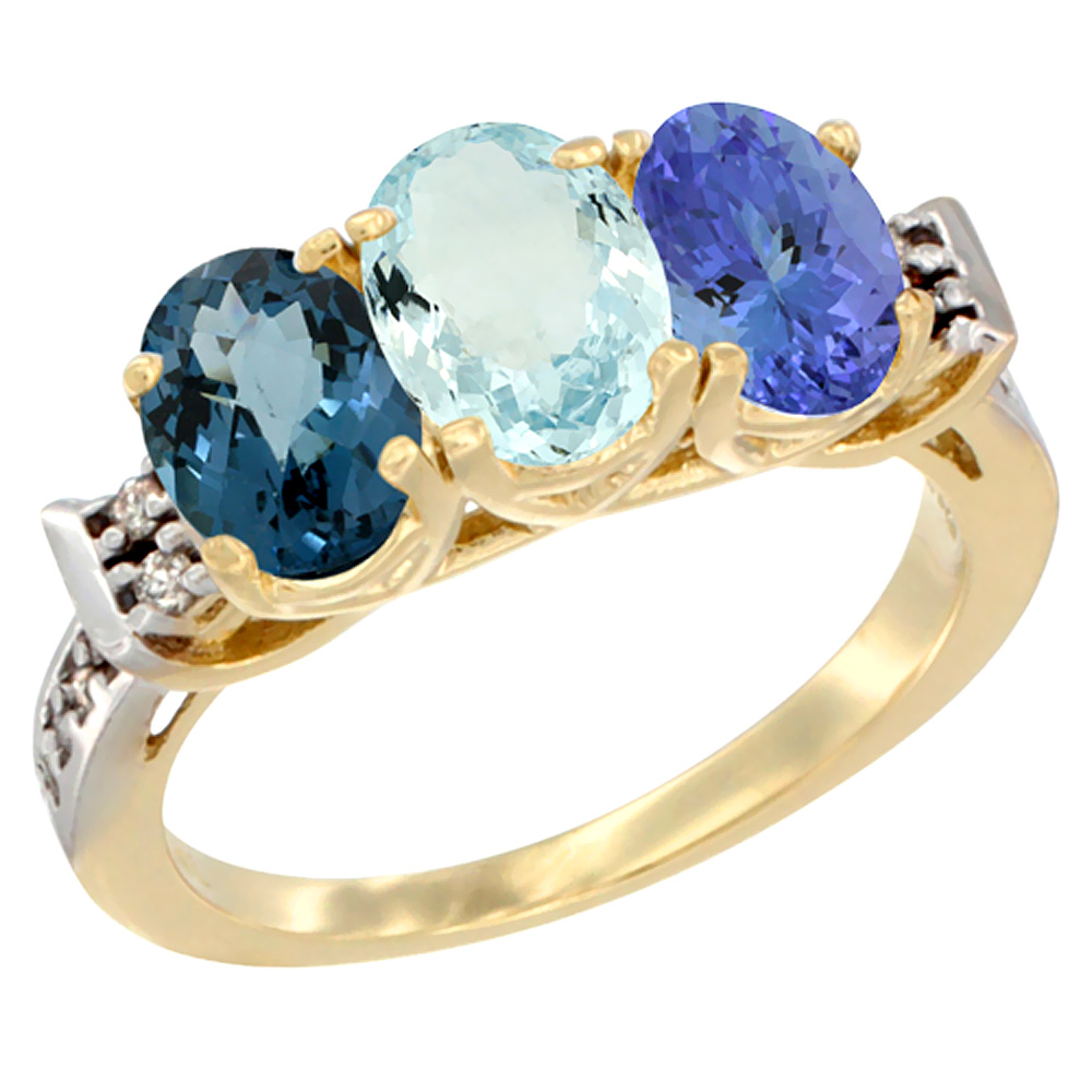 10K Yellow Gold Natural London Blue Topaz, Aquamarine & Tanzanite Ring 3-Stone Oval 7x5 mm Diamond Accent, sizes 5 - 10