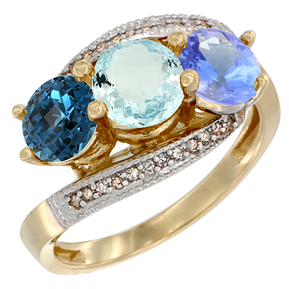 10K Yellow Gold Natural London Blue Topaz, Aquamarine &amp; Tanzanite 3 stone Ring Round 6mm Diamond Accent, sizes 5 - 10