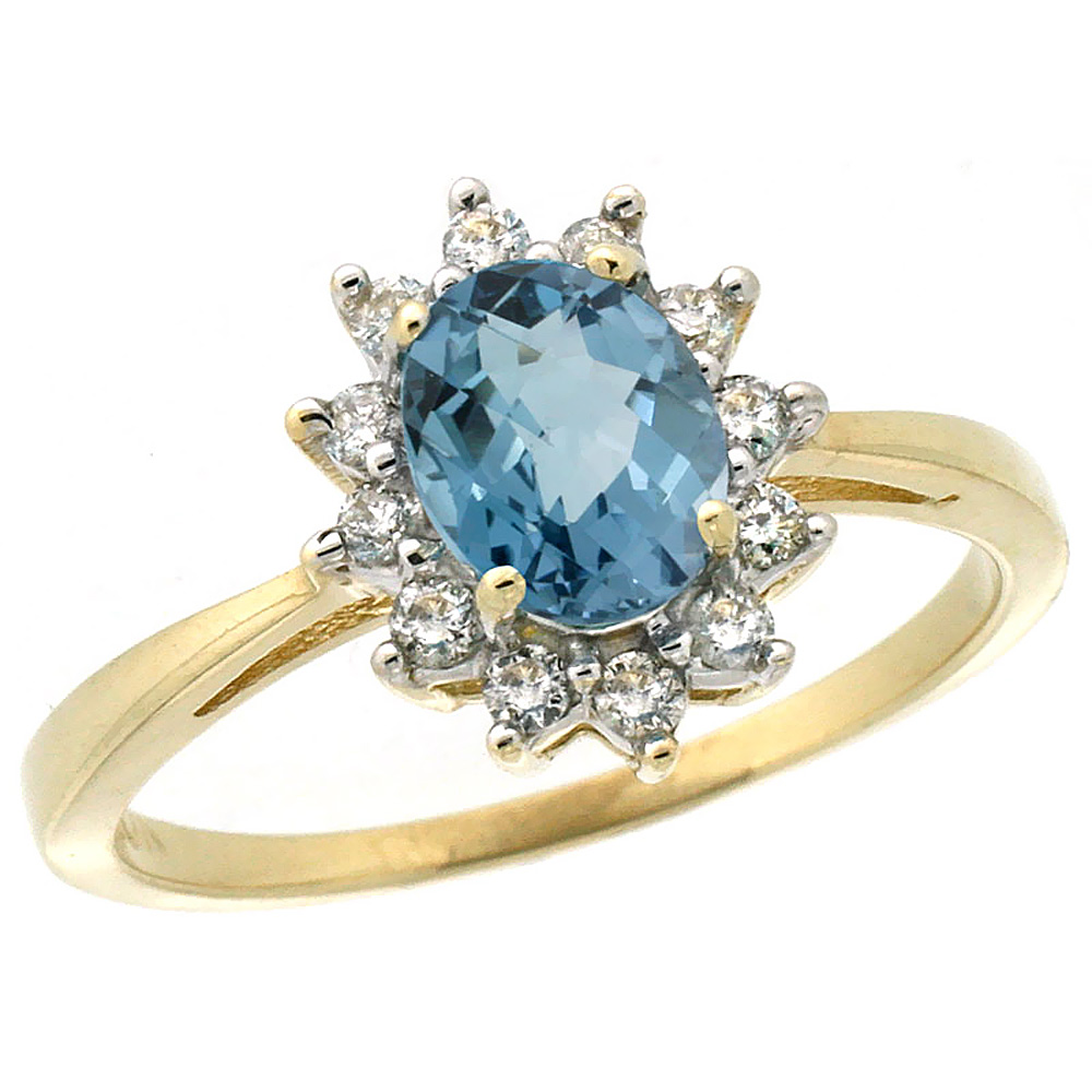 14K Yellow Gold Natural London Blue Topaz Engagement Ring Oval 7x5mm Diamond Halo, sizes 5-10