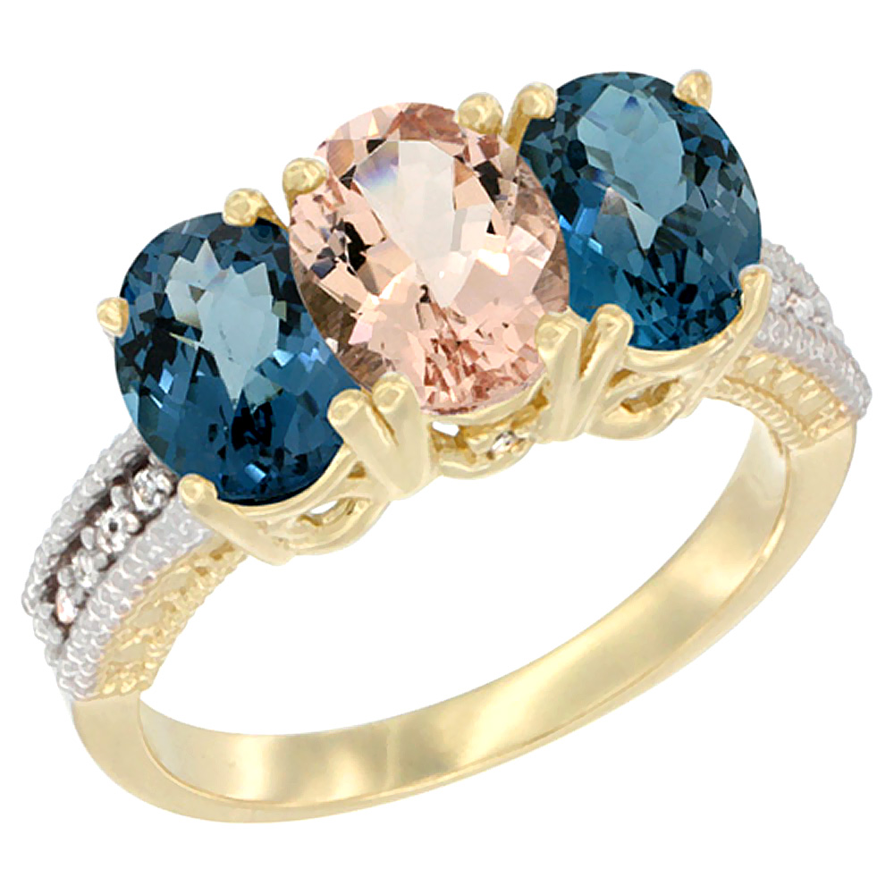 10K Yellow Gold Diamond Natural Morganite &amp; London Blue Topaz Ring 3-Stone Oval 7x5 mm, sizes 5 - 10