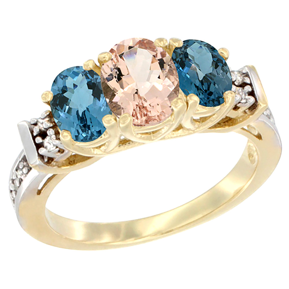 14K Yellow Gold Natural Morganite & London Blue Ring 3-Stone Oval Diamond Accent