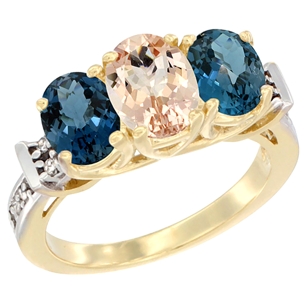 14K Yellow Gold Natural Morganite & London Blue Topaz Sides Ring 3-Stone Oval Diamond Accent, sizes 5 - 10