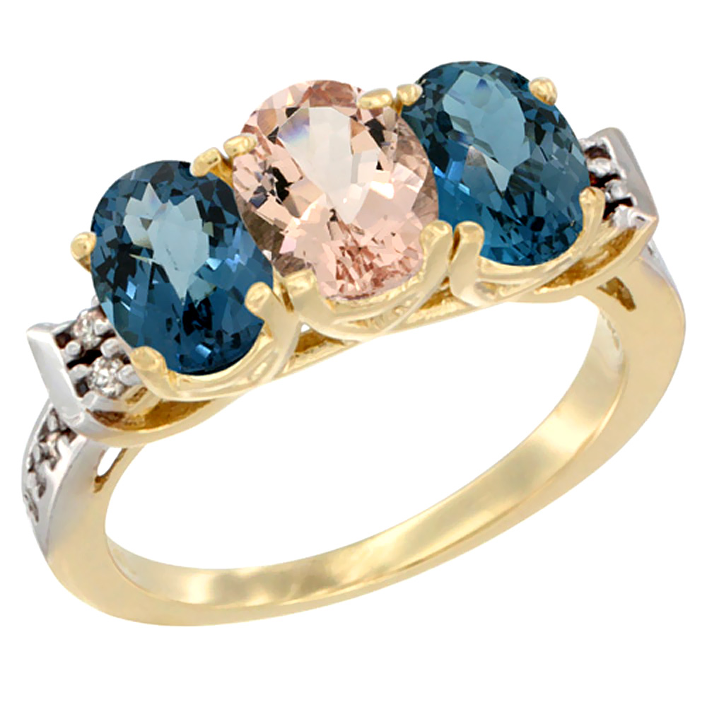 10K Yellow Gold Natural Morganite & London Blue Topaz Sides Ring 3-Stone Oval 7x5 mm Diamond Accent, sizes 5 - 10