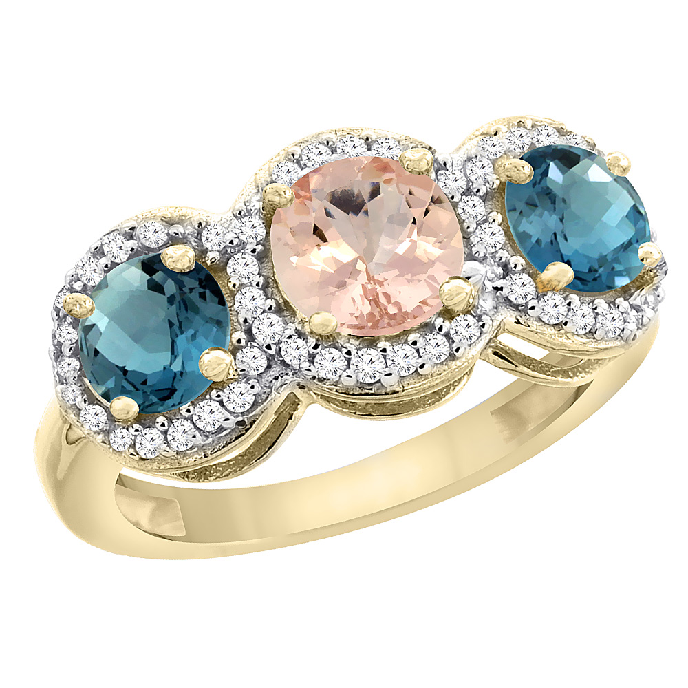 10K Yellow Gold Natural Morganite & London Blue Topaz Sides Round 3-stone Ring Diamond Accents, sizes 5 - 10