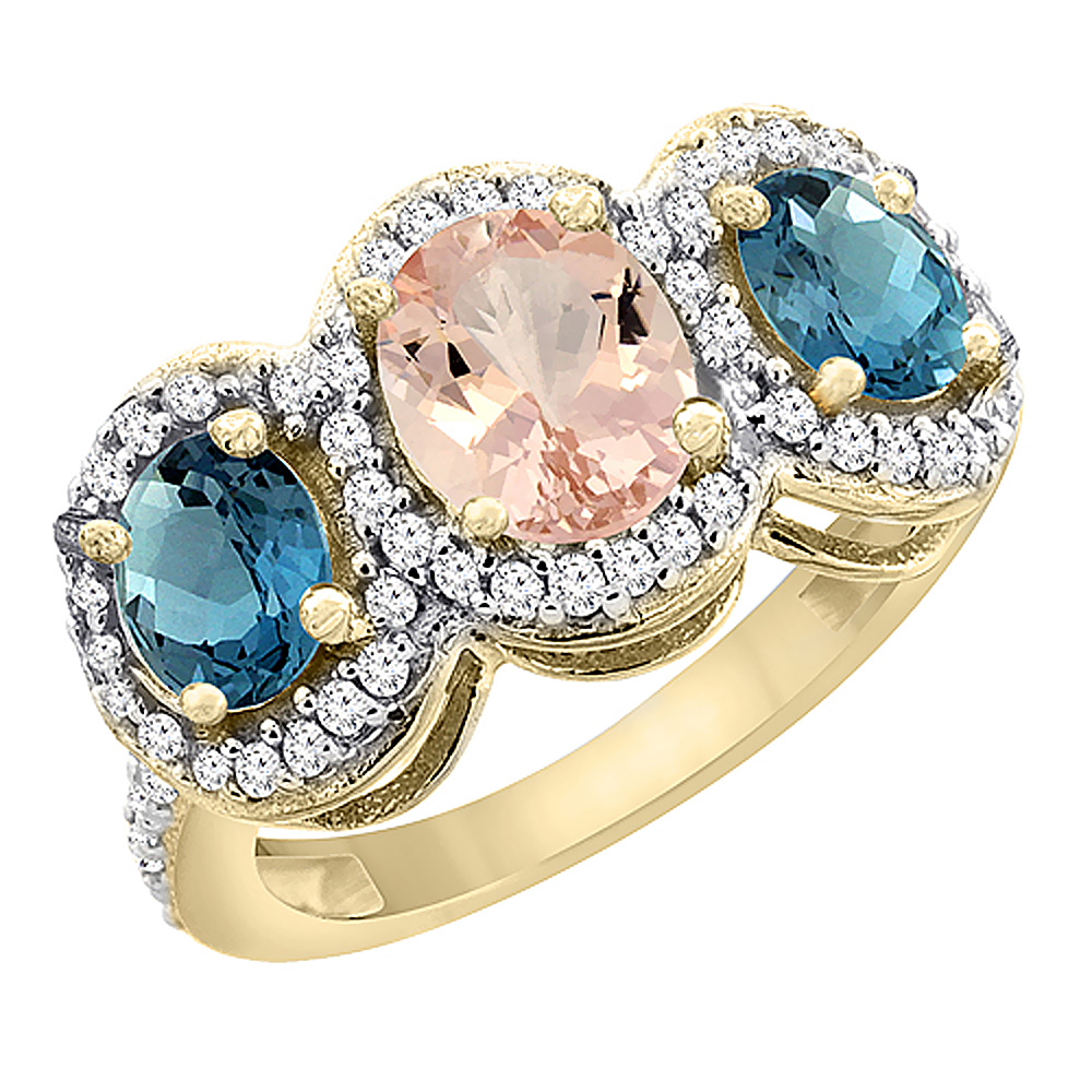 14K Yellow Gold Natural Morganite &amp; London Blue Topaz 3-Stone Ring Oval Diamond Accent, sizes 5 - 10
