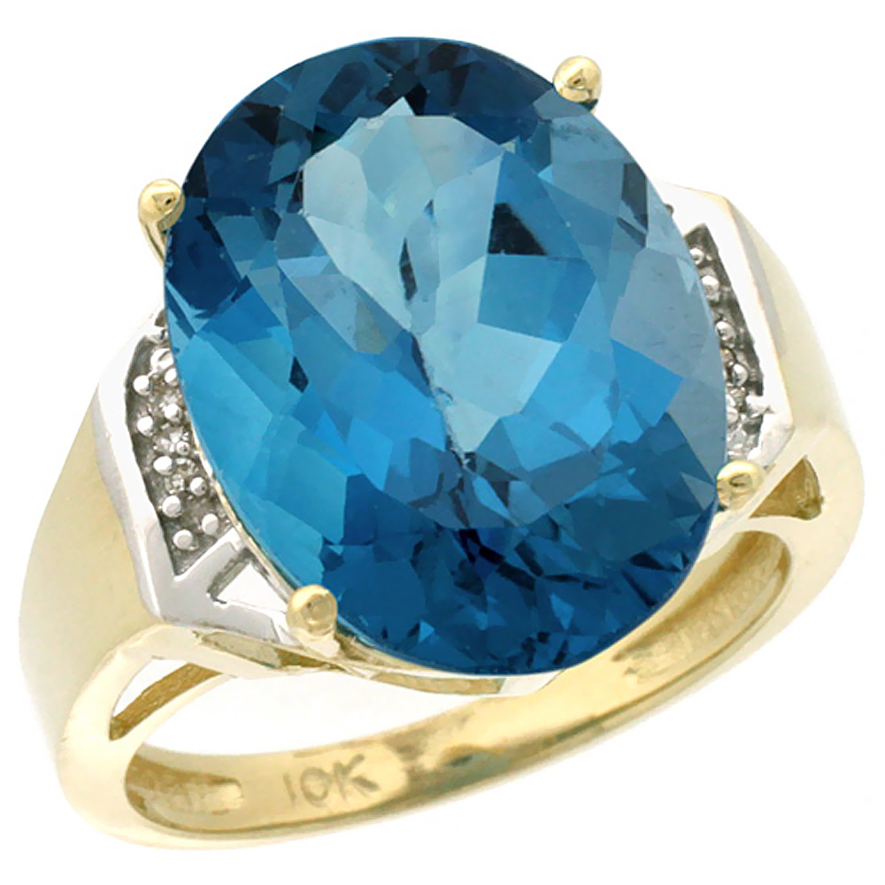 14K Yellow Gold Diamond Natural London Blue Topaz Ring Oval 16x12mm, sizes 5-10