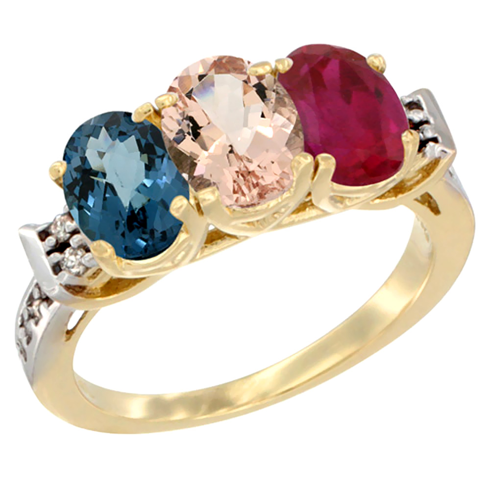 10K Yellow Gold Natural London Blue Topaz, Morganite & Enhanced Ruby Ring 3-Stone Oval 7x5 mm Diamond Accent, sizes 5 - 10
