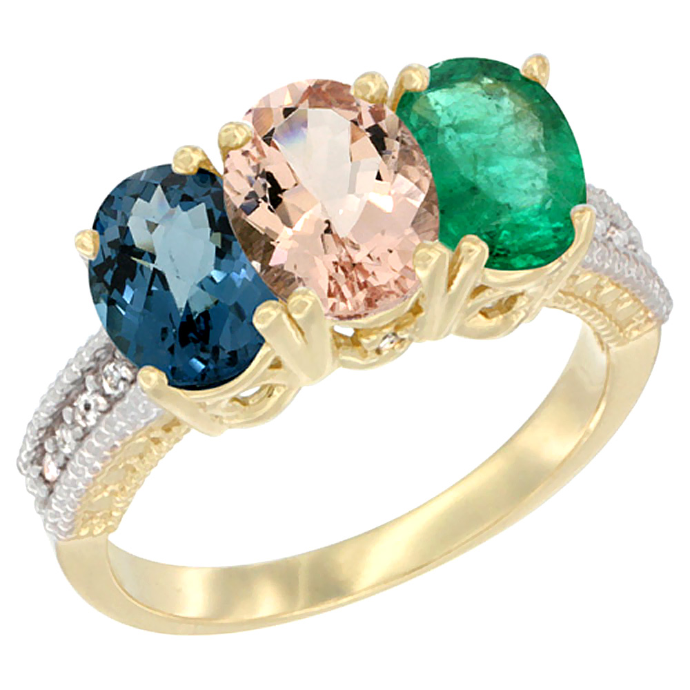 10K Yellow Gold Diamond Natural London Blue Topaz, Morganite &amp; Emerald Ring 3-Stone Oval 7x5 mm, sizes 5 - 10
