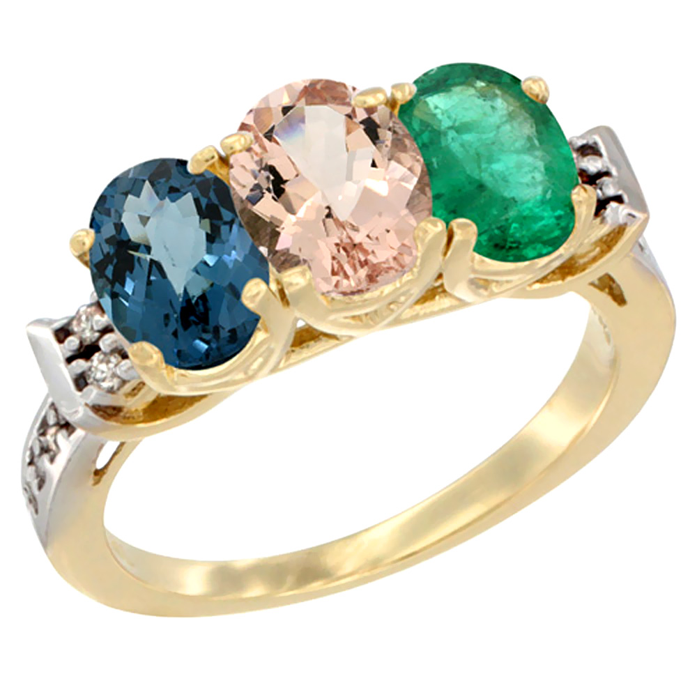 10K Yellow Gold Natural London Blue Topaz, Morganite &amp; Emerald Ring 3-Stone Oval 7x5 mm Diamond Accent, sizes 5 - 10