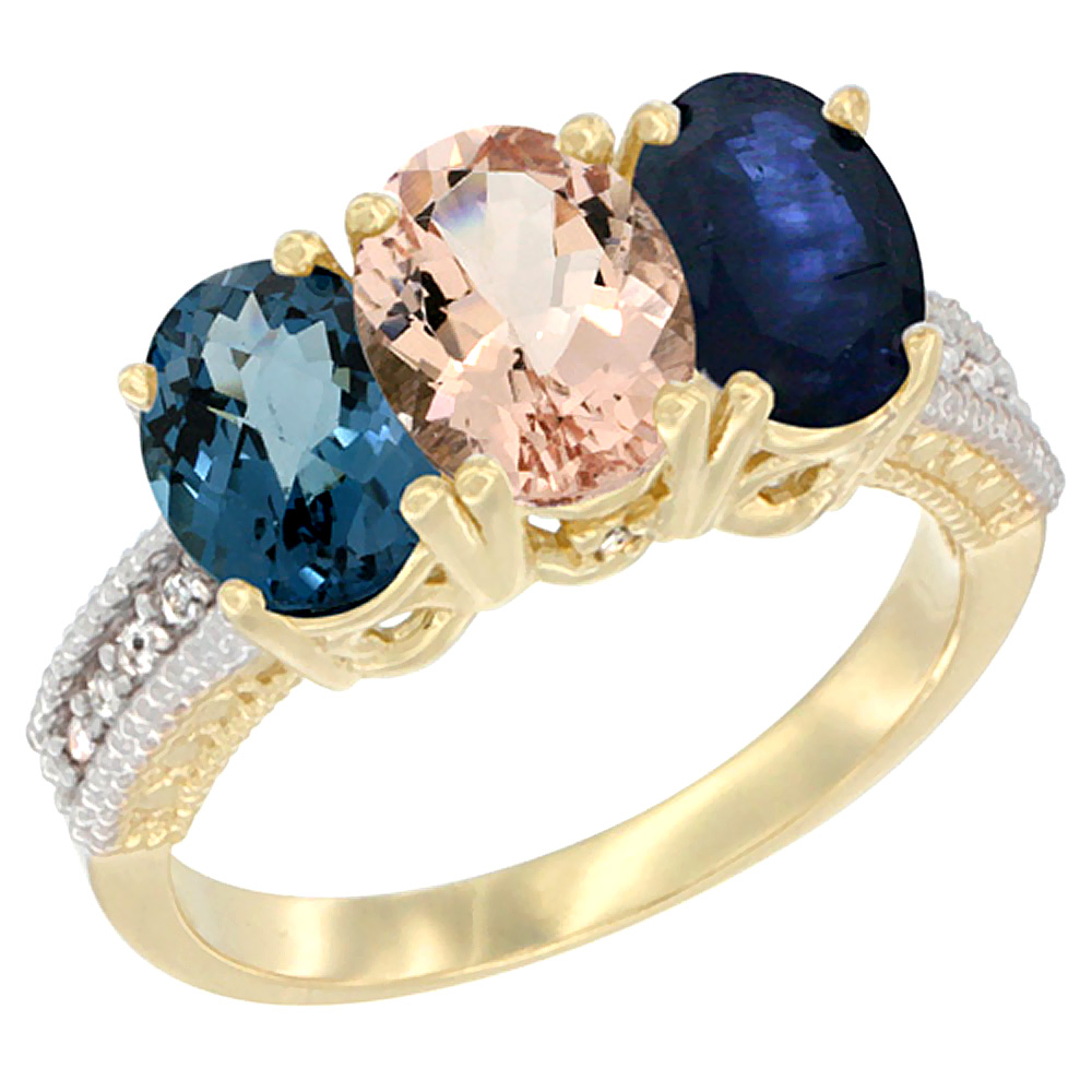 10K Yellow Gold Diamond Natural London Blue Topaz, Morganite &amp; Blue Sapphire Ring 3-Stone Oval 7x5 mm, sizes 5 - 10