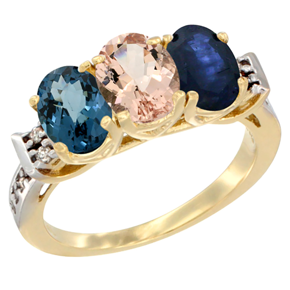 10K Yellow Gold Natural London Blue Topaz, Morganite &amp; Blue Sapphire Ring 3-Stone Oval 7x5 mm Diamond Accent, sizes 5 - 10