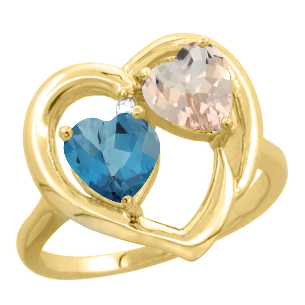 10K Yellow Gold Diamond Two-stone Heart Ring 6mm Natural London Blue Topaz &amp; Morganite, sizes 5-10