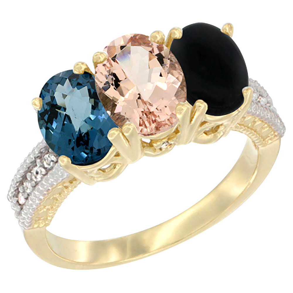 14K Yellow Gold Natural London Blue Topaz, Morganite &amp; Black Onyx Ring 3-Stone 7x5 mm Oval Diamond Accent, sizes 5 - 10