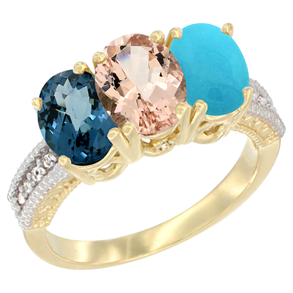 14K Yellow Gold Natural London Blue Topaz, Morganite &amp; Turquoise Ring 3-Stone 7x5 mm Oval Diamond Accent, sizes 5 - 10