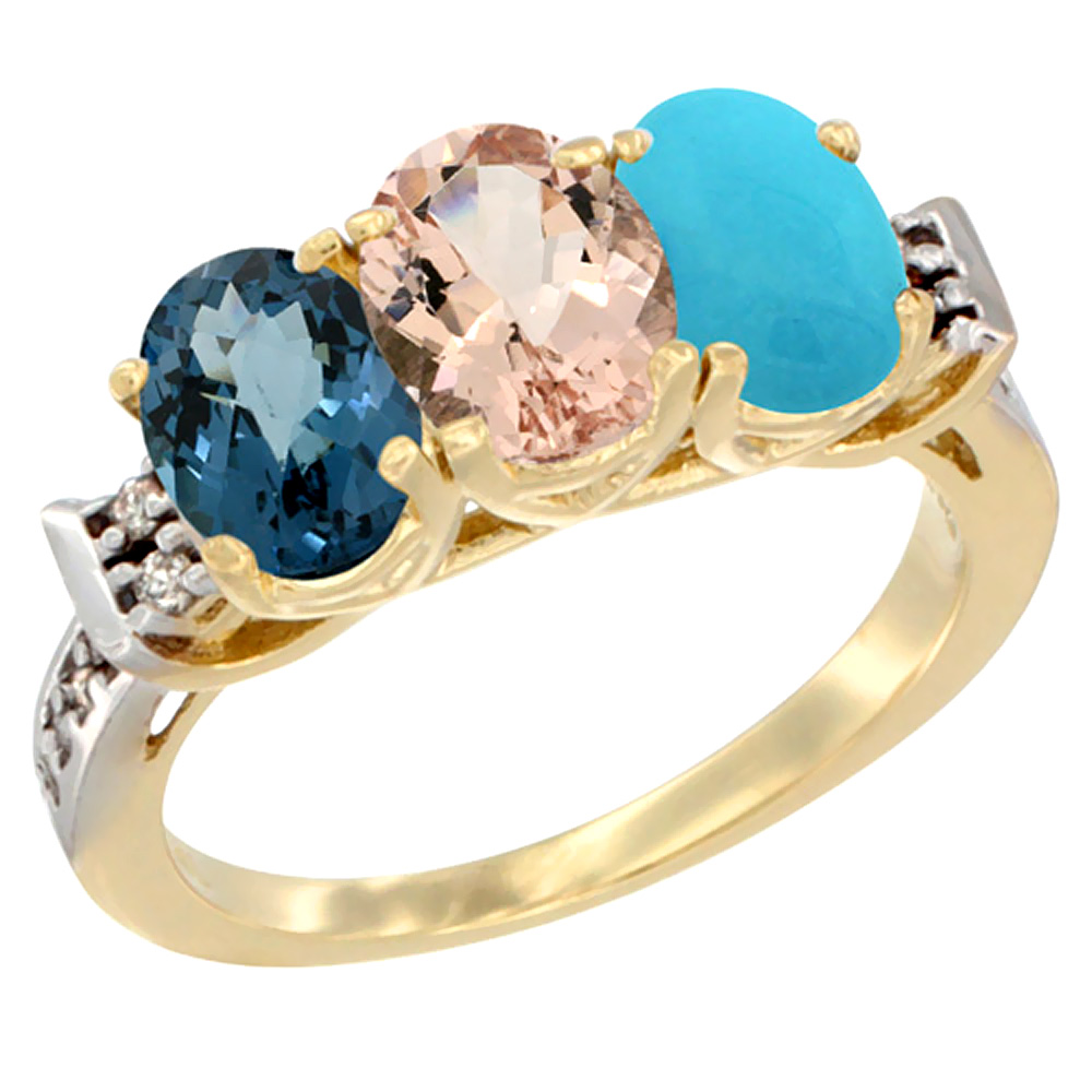 10K Yellow Gold Natural London Blue Topaz, Morganite &amp; Turquoise Ring 3-Stone Oval 7x5 mm Diamond Accent, sizes 5 - 10