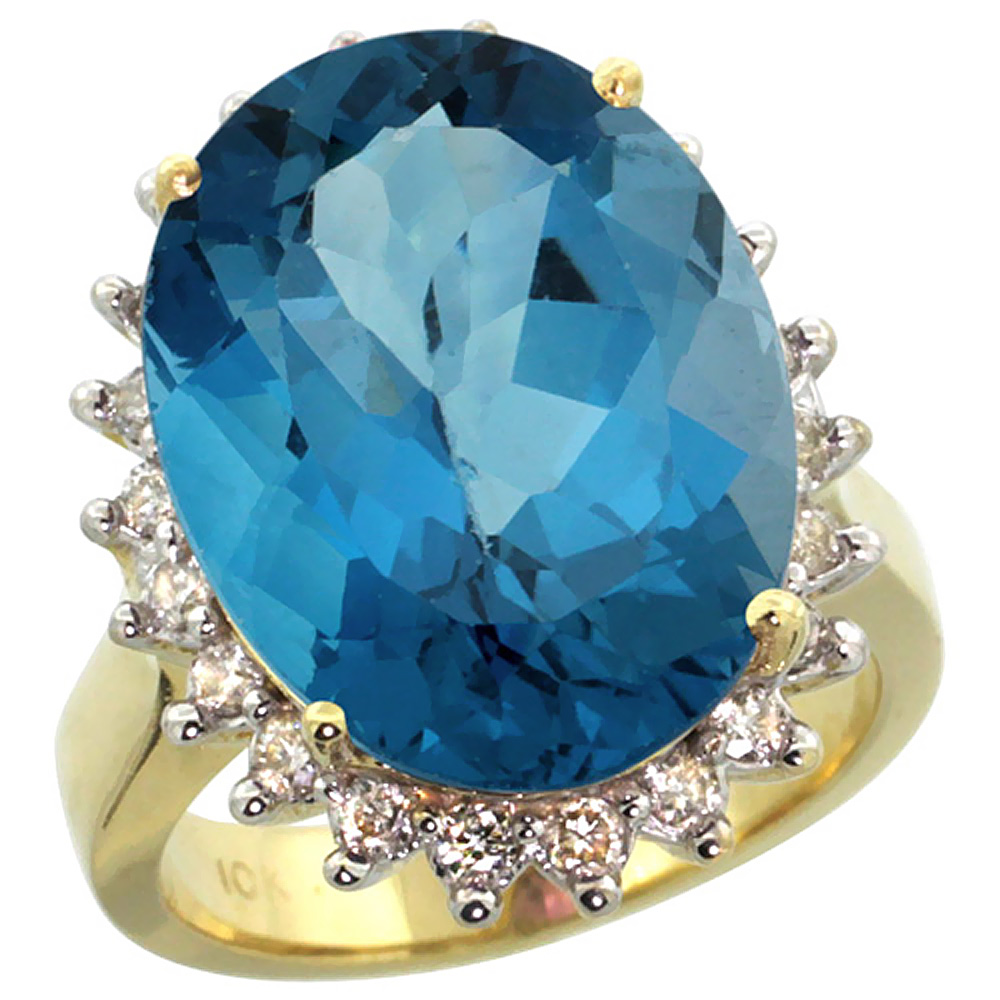 14k Yellow Gold Diamond Halo Natural London Blue Topaz Ring Large Oval 18x13mm, sizes 5-10