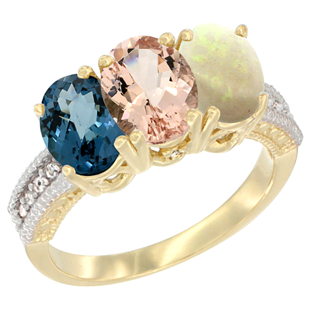 14K Yellow Gold Natural London Blue Topaz, Morganite &amp; Opal Ring 3-Stone 7x5 mm Oval Diamond Accent, sizes 5 - 10