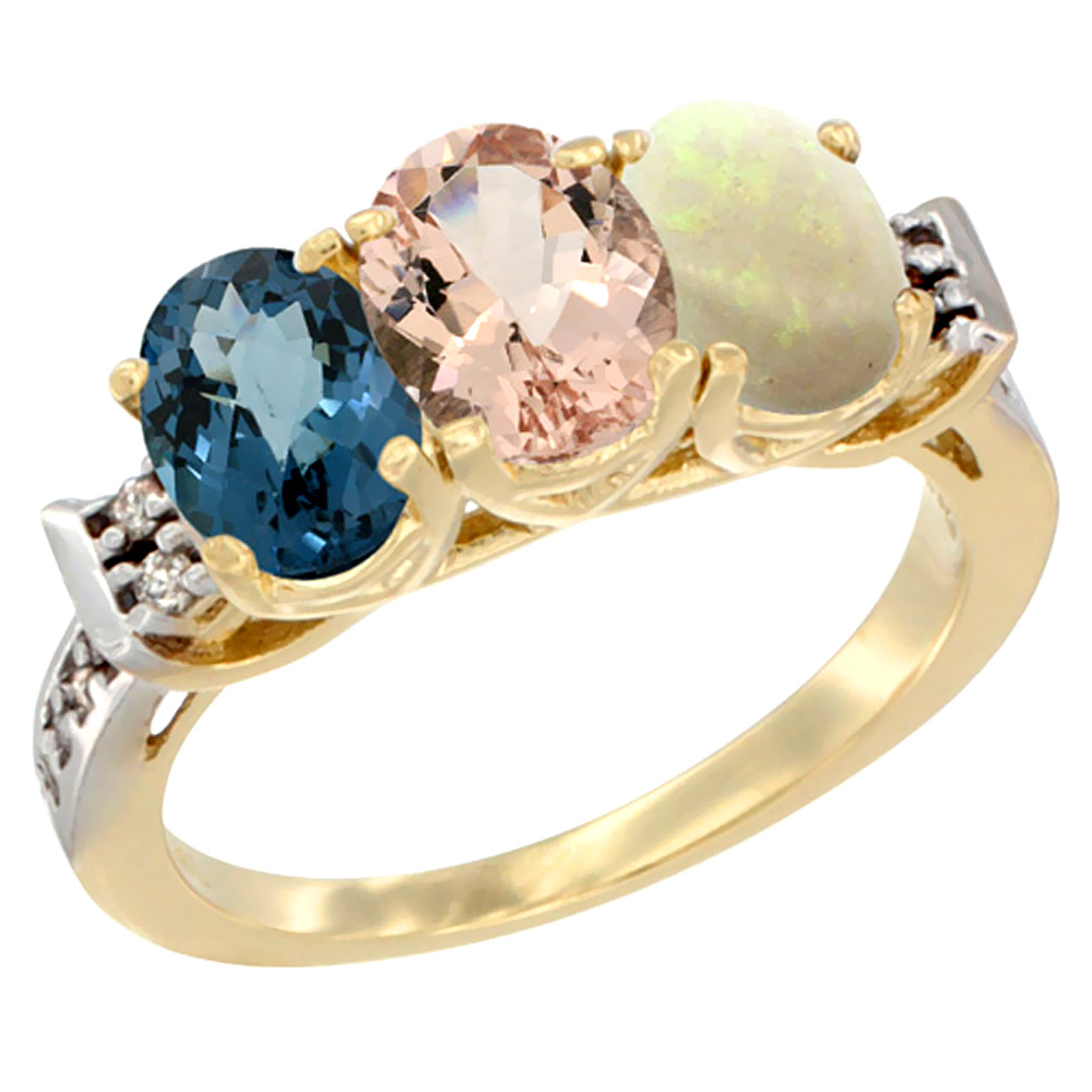 14K Yellow Gold Natural London Blue Topaz, Morganite &amp; Opal Ring 3-Stone 7x5 mm Oval Diamond Accent, sizes 5 - 10
