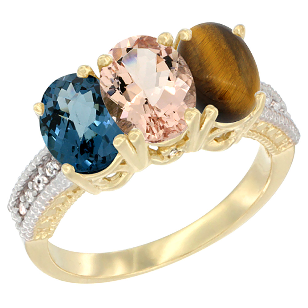 14K Yellow Gold Natural London Blue Topaz, Morganite &amp; Tiger Eye Ring 3-Stone 7x5 mm Oval Diamond Accent, sizes 5 - 10