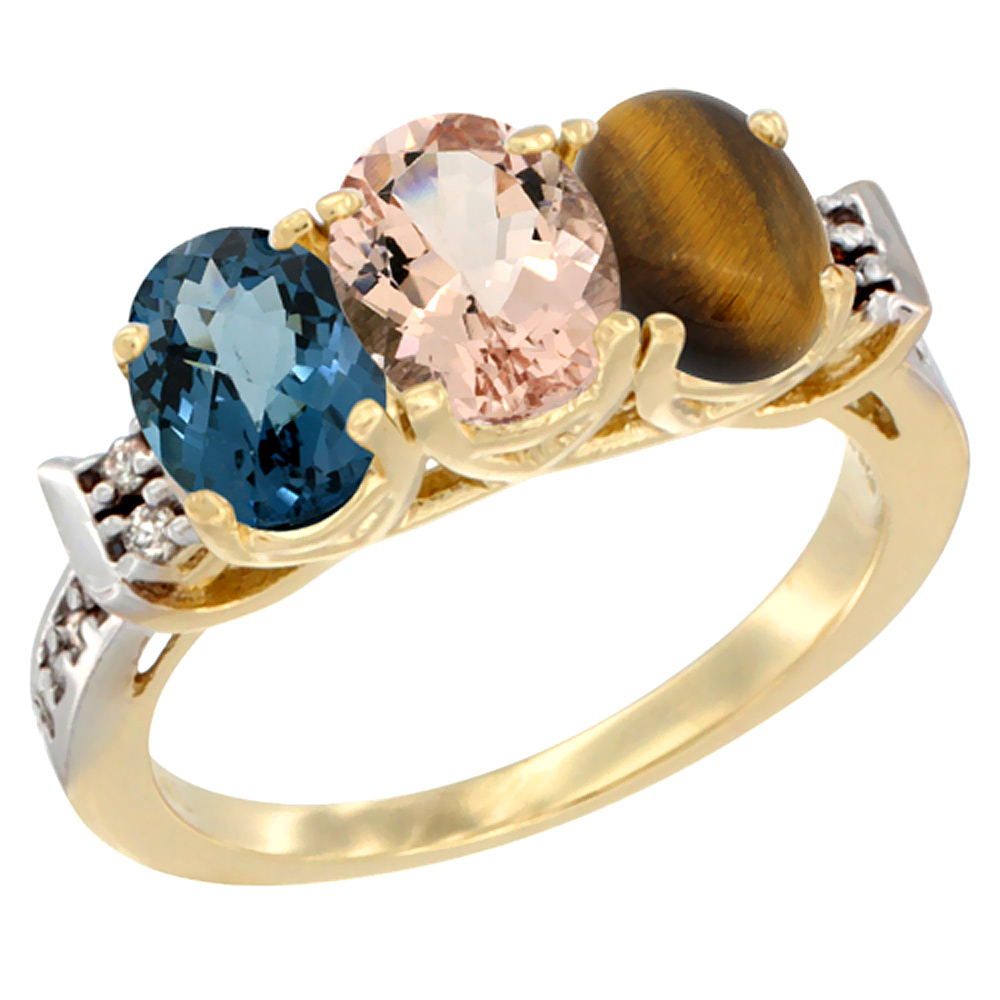 10K Yellow Gold Natural London Blue Topaz, Morganite & Tiger Eye Ring 3-Stone Oval 7x5 mm Diamond Accent, sizes 5 - 10