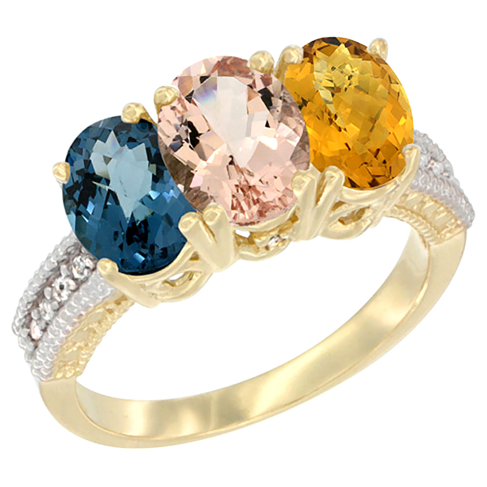 10K Yellow Gold Diamond Natural London Blue Topaz, Morganite &amp; Whisky Quartz Ring 3-Stone Oval 7x5 mm, sizes 5 - 10